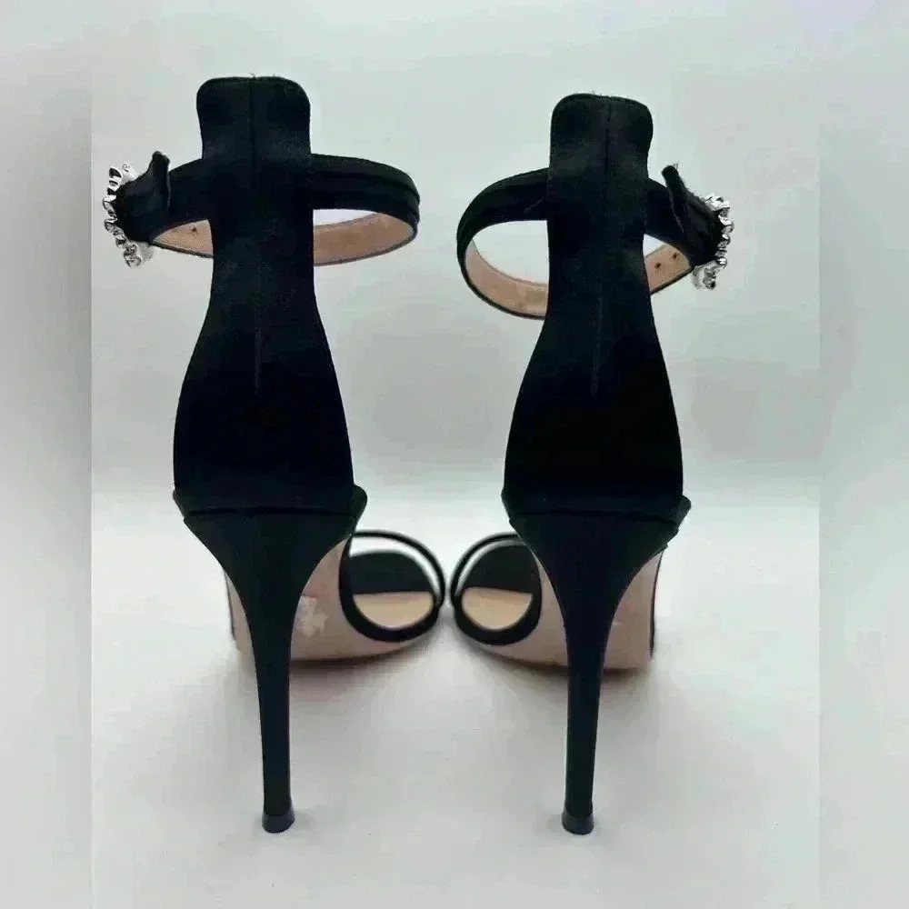 GIANVITO ROSSI Ava Crystal Embellished Satin Sandals Heels Black Size 37 - Picture 9 of 14